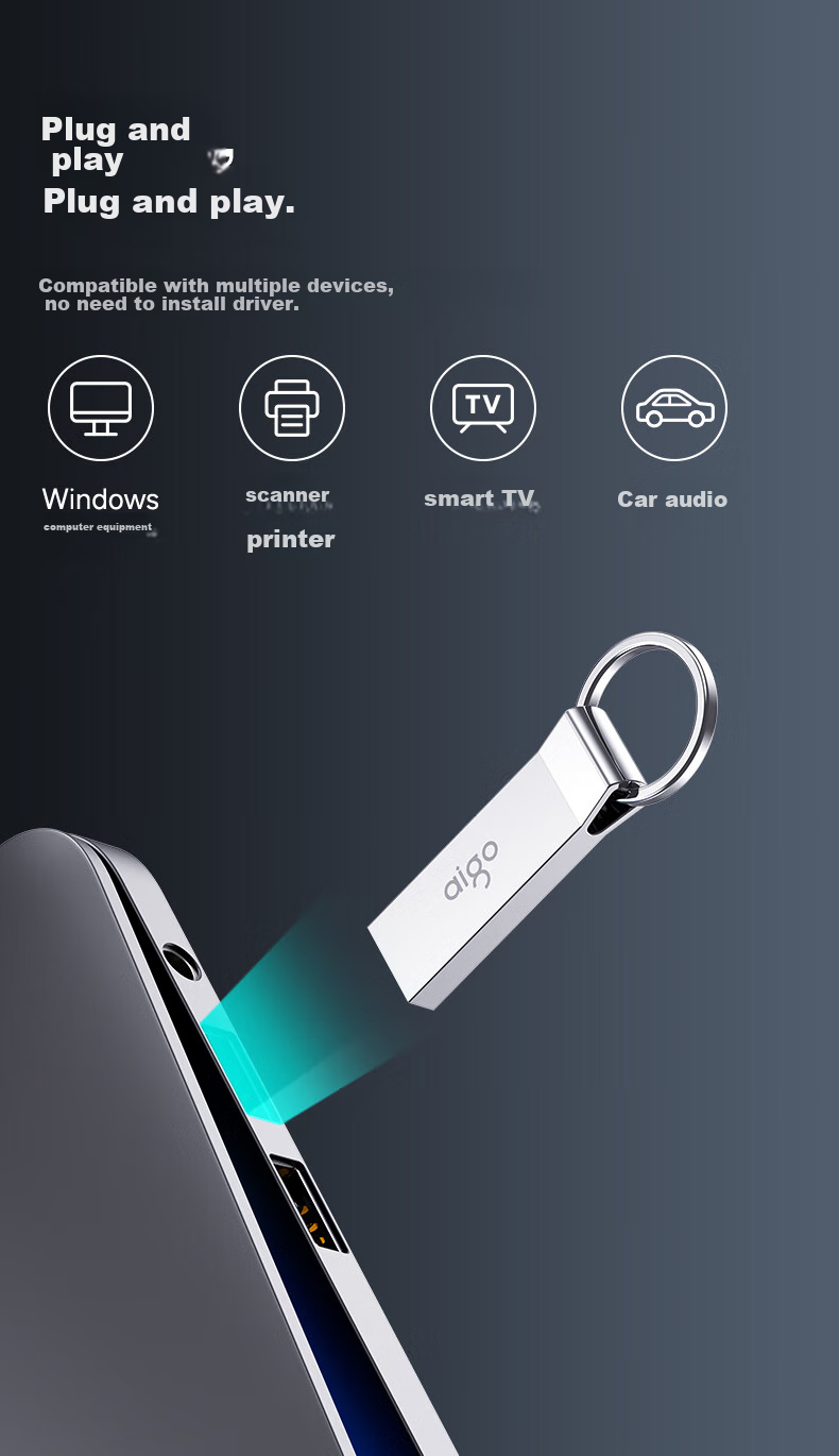 USB-накопитель Aigo U210, 64 ГБ, USB 2.0, металлический корпус, водонепроницаемый, серебристый