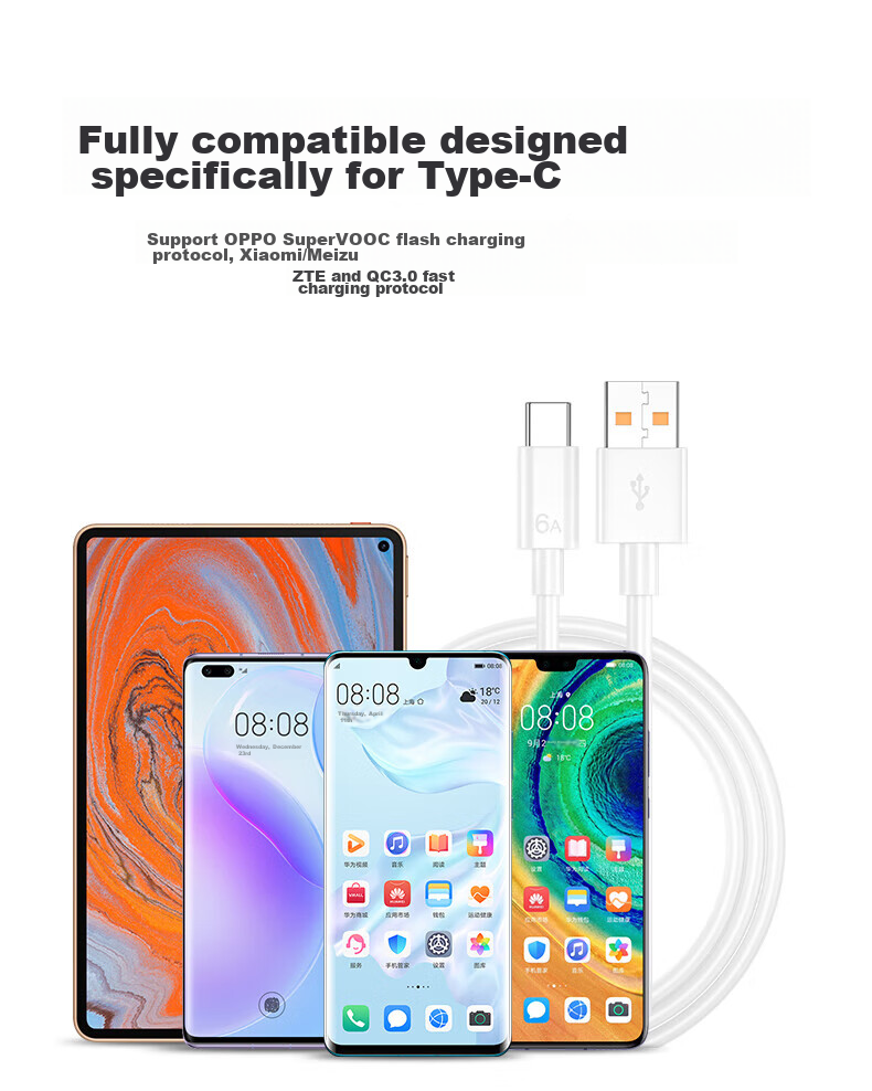 Кабель Shishan Type-C, 6A/5A, быстрая зарядка 40W/66W/100W, для Huawei Mate70/50/P60/40/Honor, автомобильный зарядный кабель