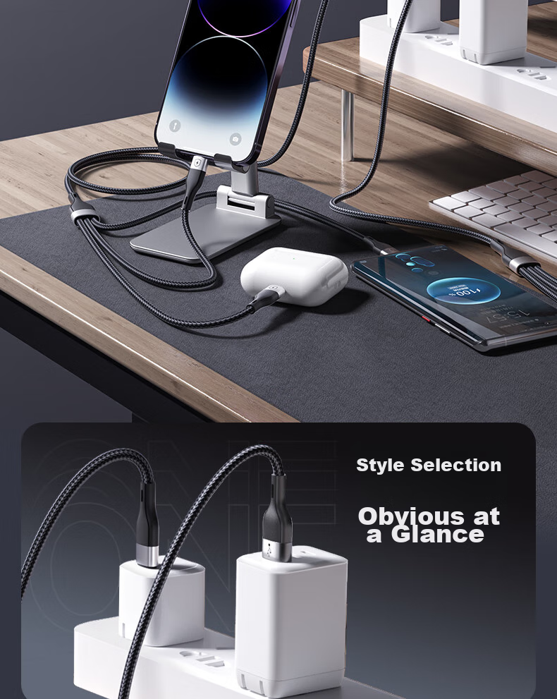 Кабель Nengshi для зарядки 3-в-1, Type-C, Lightning, Micro-USB, 1 метр, зеленый