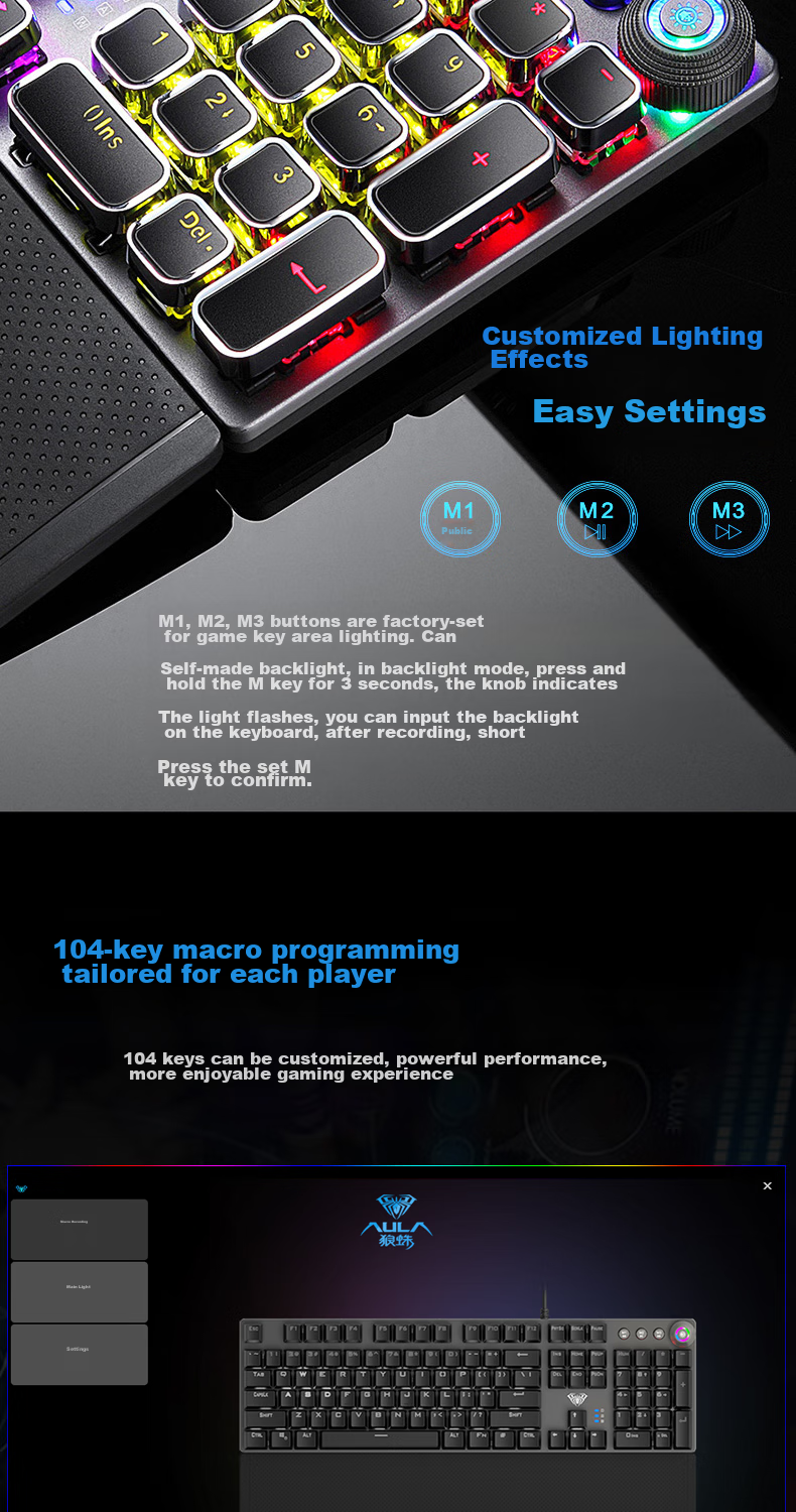 Механическая клавиатура AULA F2088 Wired Gaming Keyboard, 104 клавиши, серебристо-белый цвет, синий переключатель, Elite Edition