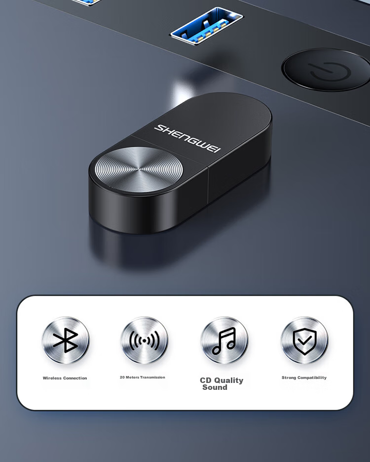 Адаптер Bluetooth 5.3 Shengwei EBT5003G, USB-приемник аудиосигнала, совместимый с ноутбуками, настольными компьютерами, мобильными телефонами, беспроводными наушниками, колонками, мышью, клавиатурой