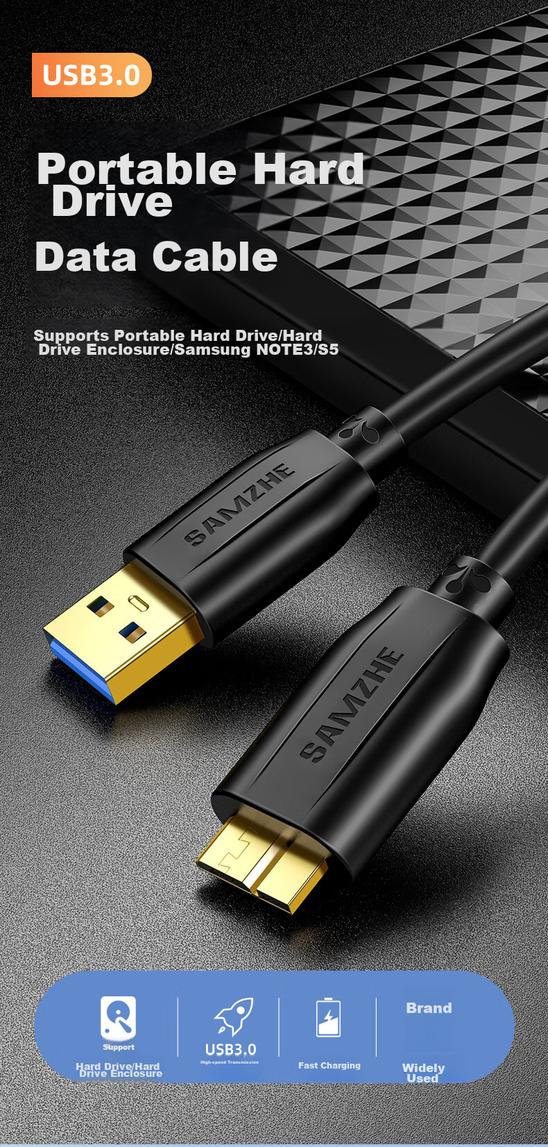 Кабель SAMZHE для внешнего жесткого диска Micro USB 3.0, 0.5 метра, высокоскоростная передача данных, совместим с корпусами жестких дисков Western Digital, Seagate и Toshiba UM-05