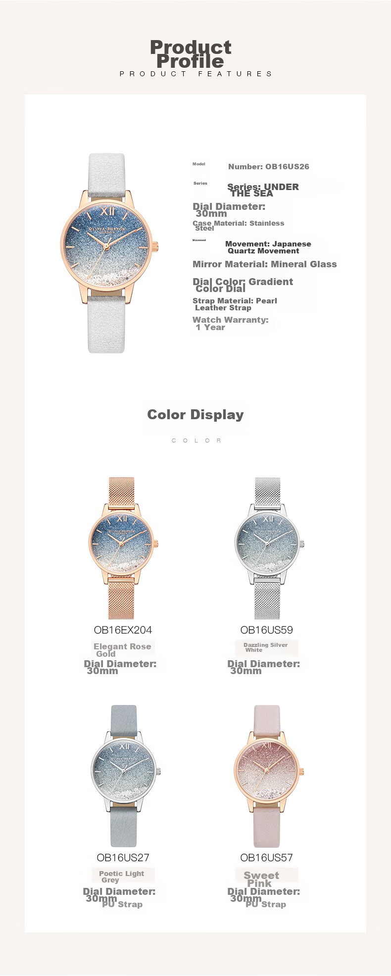 Женские часы OLIVIA BURTON OB16US26, кварцевые, синие, кожаный ремешок, диаметр 30 мм