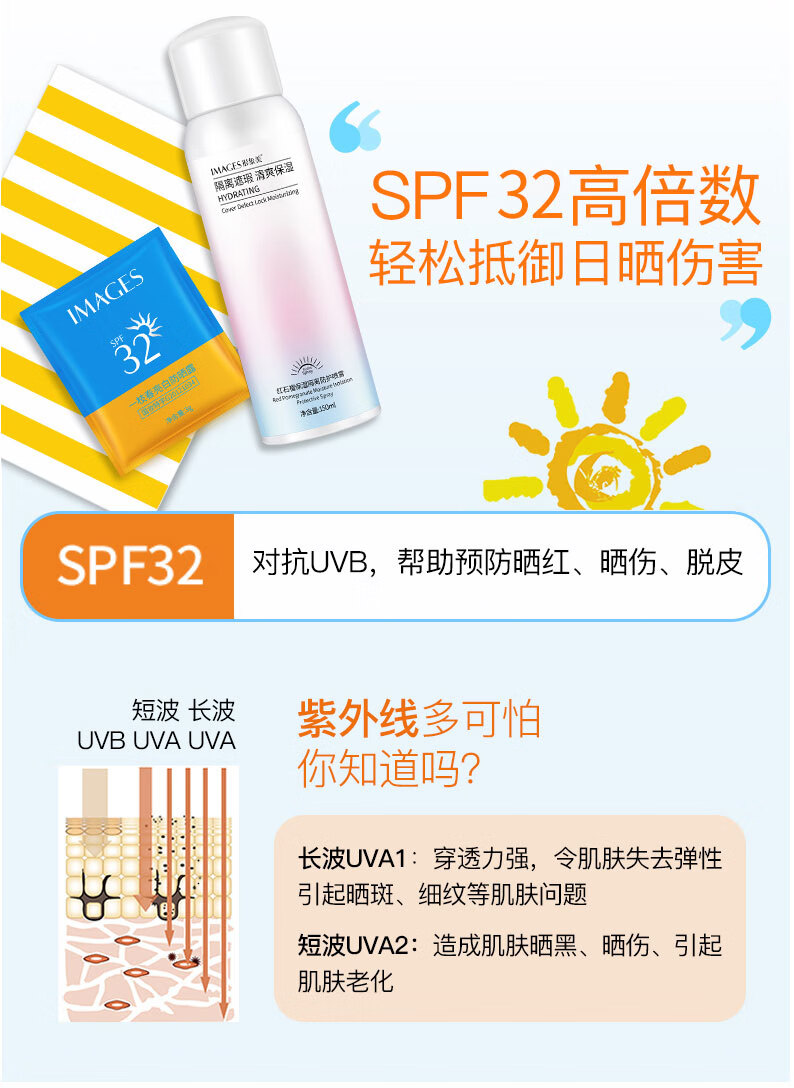 形象美 防晒霜喷雾面部隔离霜防水防汗学生军训保湿霜 防晒喷雾