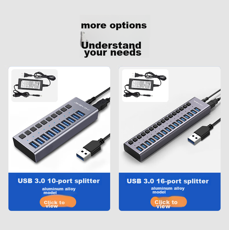 USB 3.0 концентратор Acasis HS-707MG, 7 портов с независимым управлением, алюминиевый корпус, серебристый