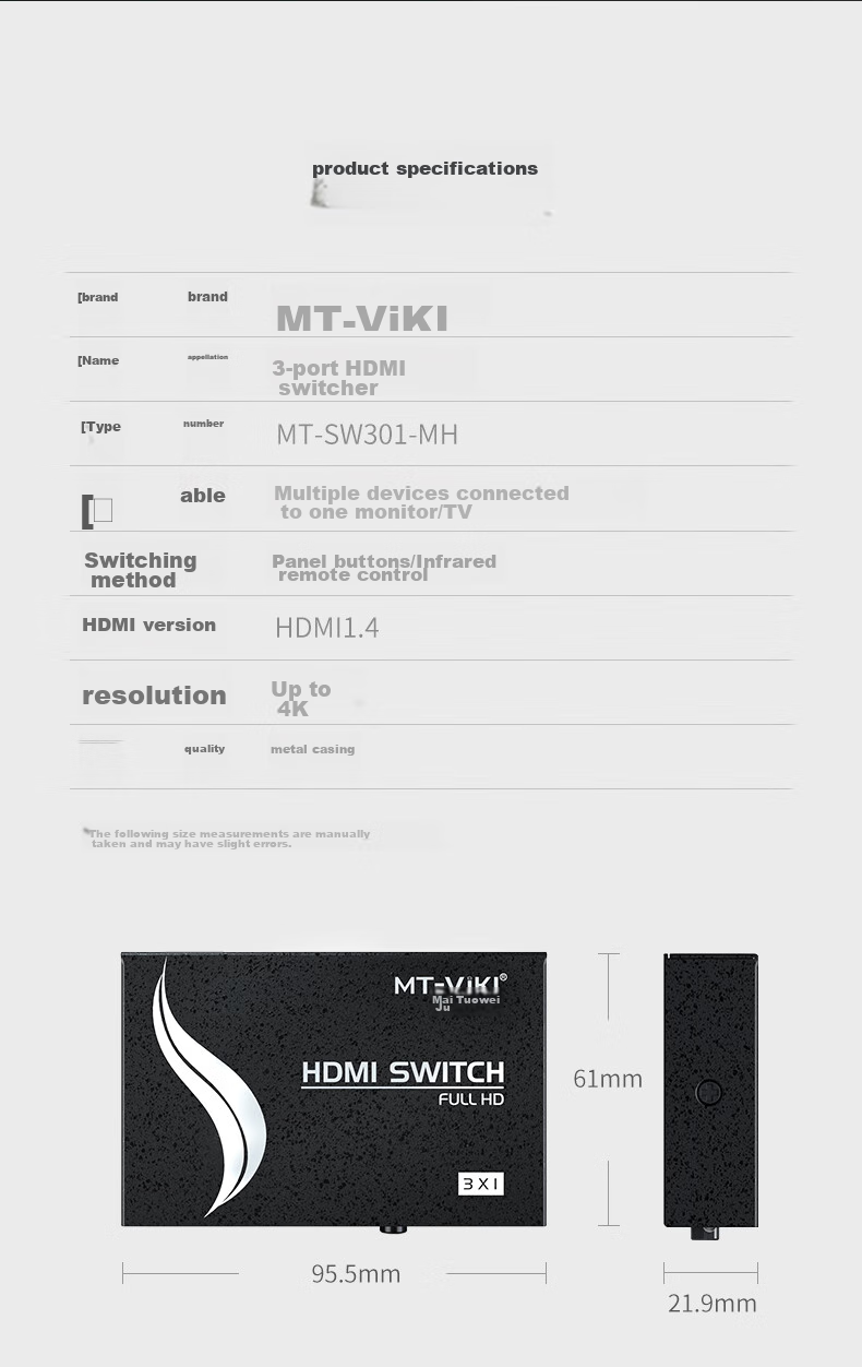 HDMI-переключатель MT-viki MT-SW301-MH, 3 входа 1 выход, 4K@30Hz, поддержка HDMI 1.4, переключение кнопкой или ИК-пультом