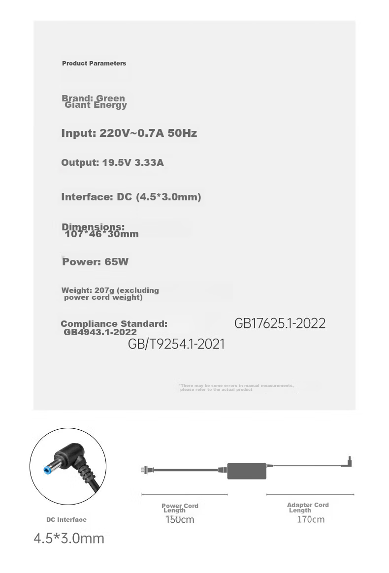 Зарядное устройство Llano HP Laptop Charger, 19.5V 3.33A 65W Универсальное, совместимое с HP Zhan66 Pavilion 15/M4 Envy14, адаптер питания для ноутбука, кабель с синим круглым разъемом и Pi