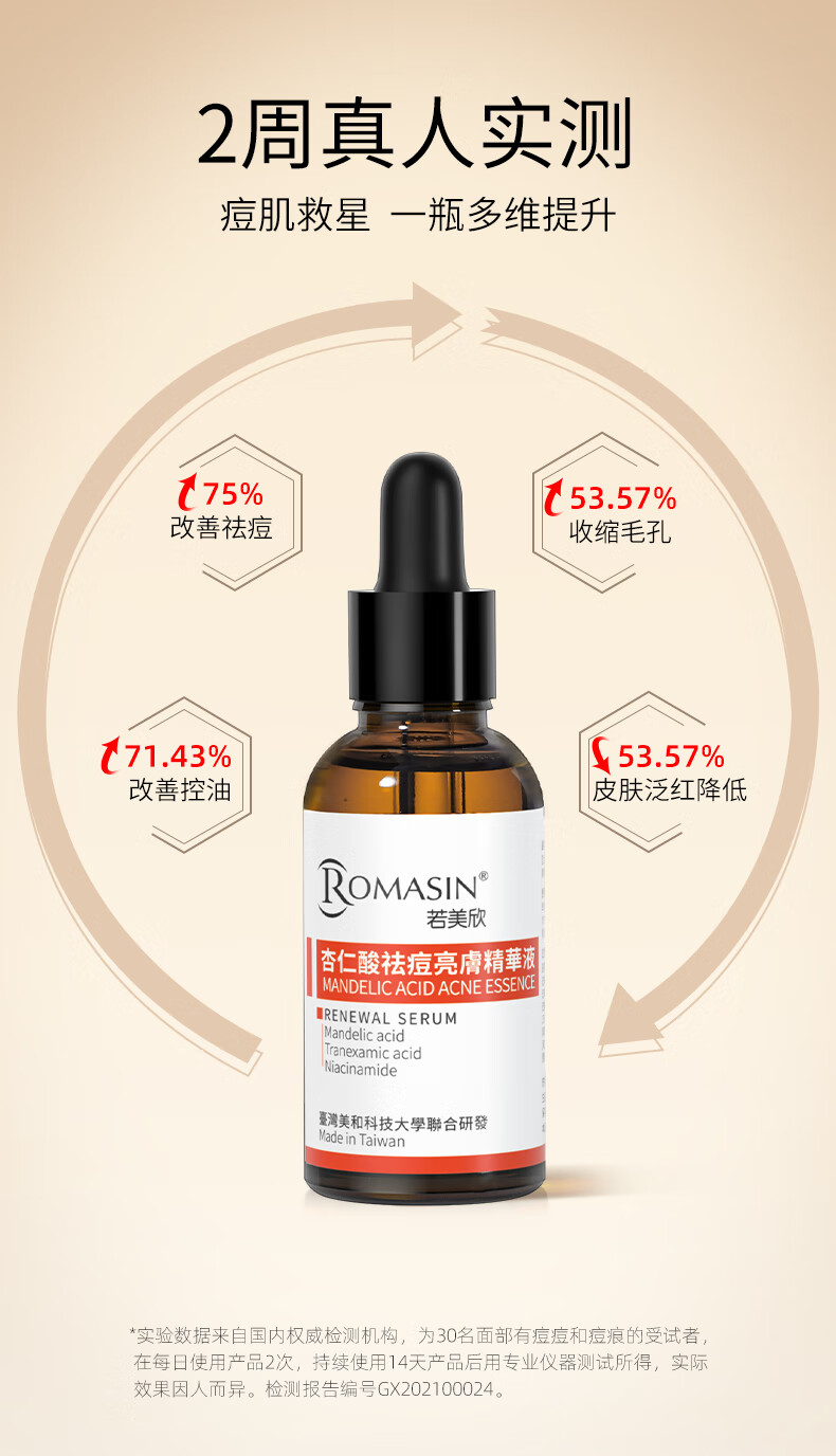 若美欣杏仁酸5%祛痘精华液30ml面部果酸针对痘痘闭口粉刺提亮肤色