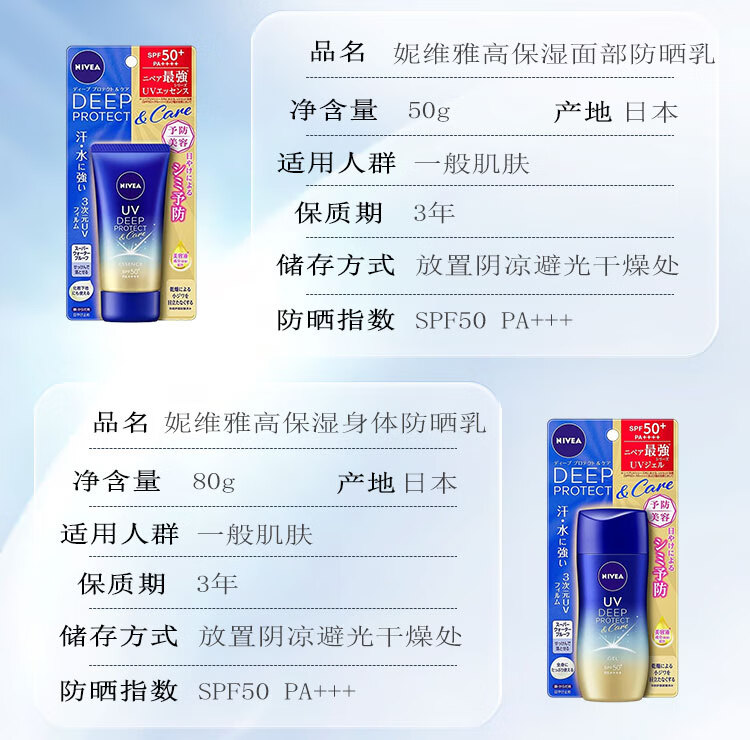 妮维雅（NIVEA）日本妮维雅防晒霜隔离面部身体户外防晒乳防晒啫喱男学生女军训用 【大容量】SPF50防晒啫喱140g