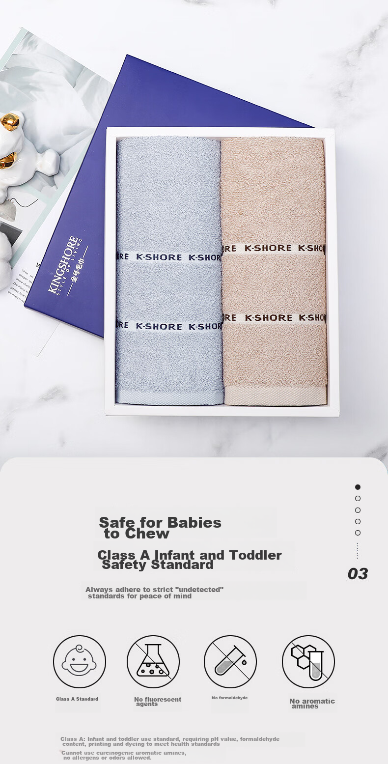 Полотенца KING SHORE из 100% хлопка, мягкие, впитывающие, размер 70*34 см, набор из 2 штук в подарочной упаковке, класс А, сине-коричневые