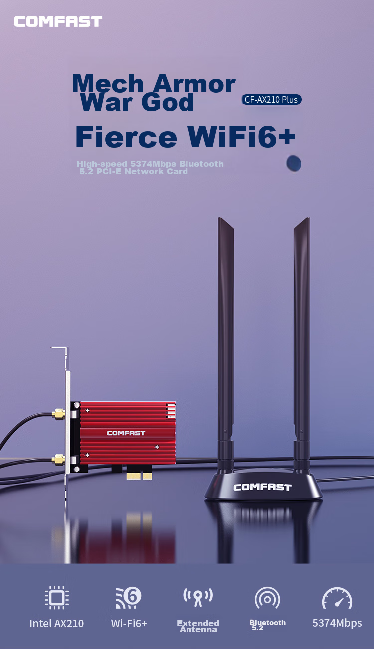 Сетевая карта COMFAST AX210PLUS, WiFi 6E, Bluetooth 5.3, PCI-E, 5374 Мбит/с
