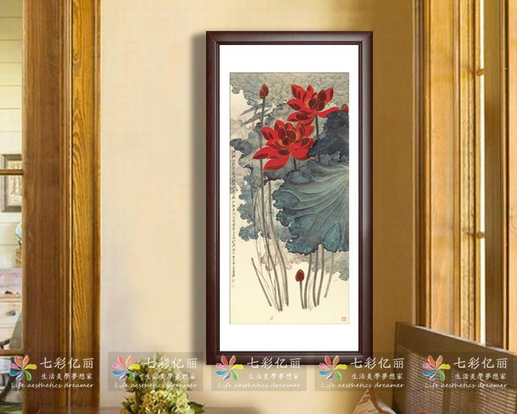 七彩亿丽 餐厅装饰画 国画 玄关壁画 水墨画 过道画 有框画 中式画客厅墙画 荷花画G32 40*80(挂书房)