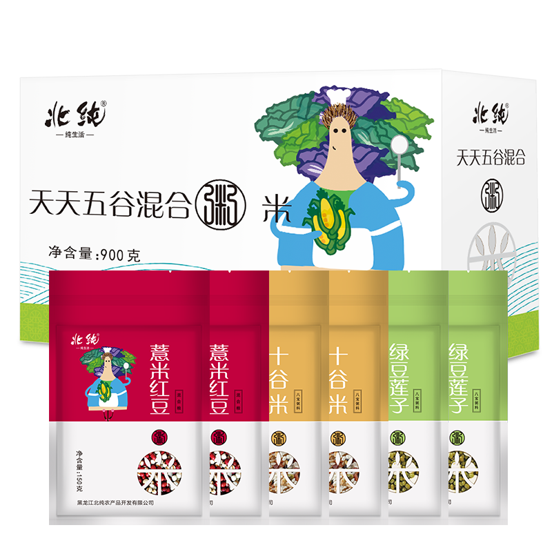 北纯 天天五谷混合粥米 900g/盒（150g*6袋）（红小豆薏仁米 绿豆莲子 八宝粥料等杂粮 大米伴侣 真空包装）-京东