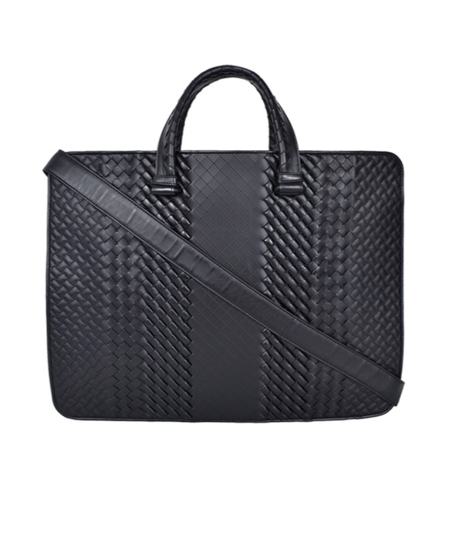 bottegaveneta葆蝶家bv新款女士黑色皮质编织拉链手提包公文包黑色
