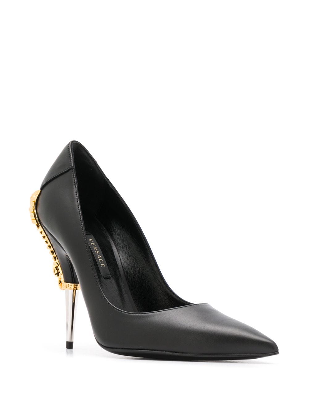 versace/范思哲一线女鞋女士黑色皮质v金属装饰高跟鞋 dst206p 黑色