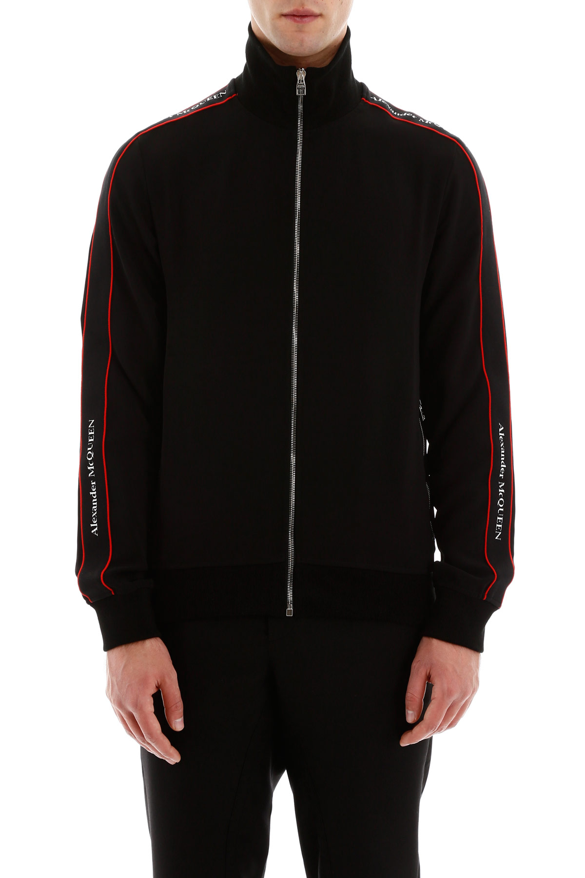 亚历山大麦昆(alexander mcqueen)男装外套黑色红条纹徽标立领拉链