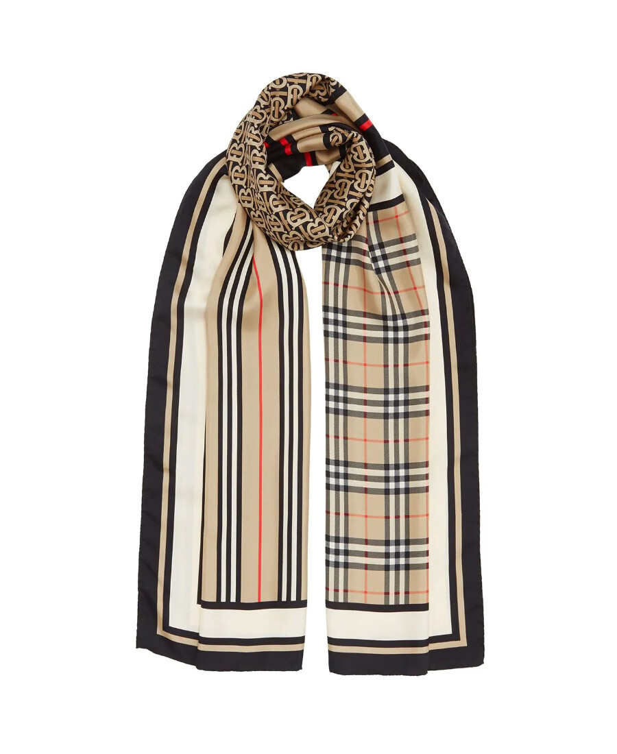 burberry/巴宝莉女款女士多色条纹徽标印花丝巾 8011951arc 卡其色 均