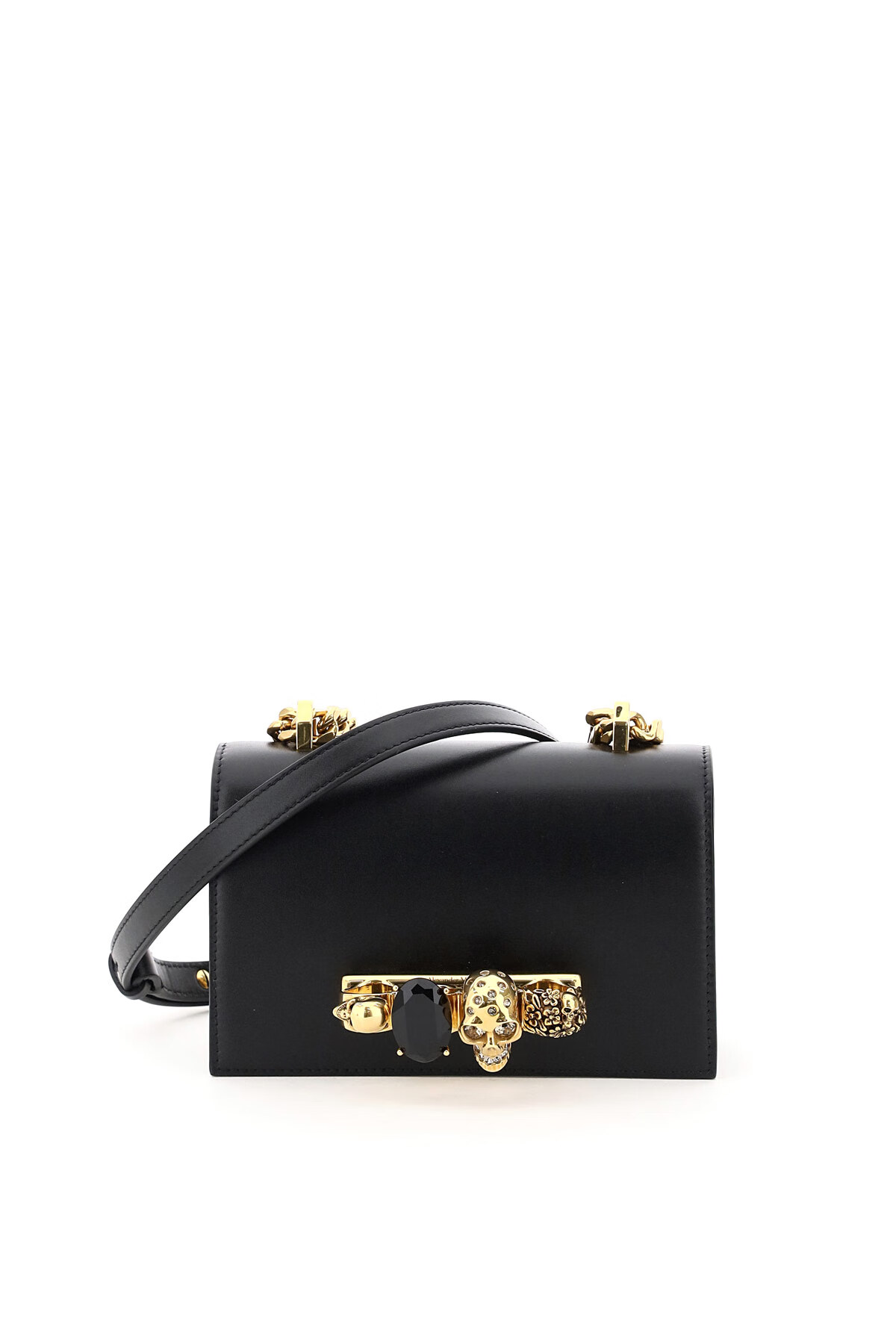 亚历山大麦昆(alexander mcqueen)女包黑色小牛皮骷髅指扣单肩盒子包