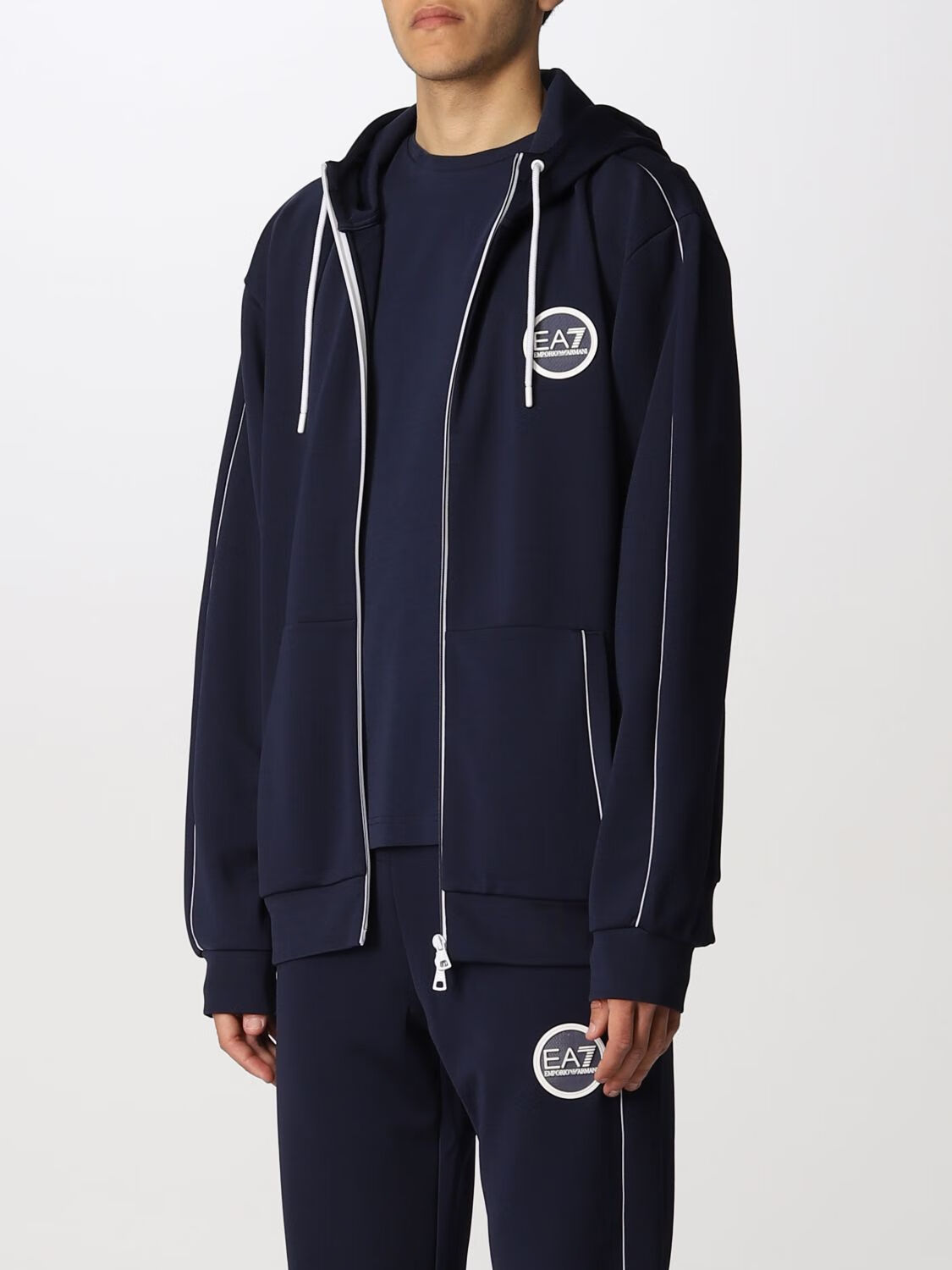 阿玛尼armaniea7新款奢侈品男装外套深海蓝徽标连帽拉链运动夹克上衣