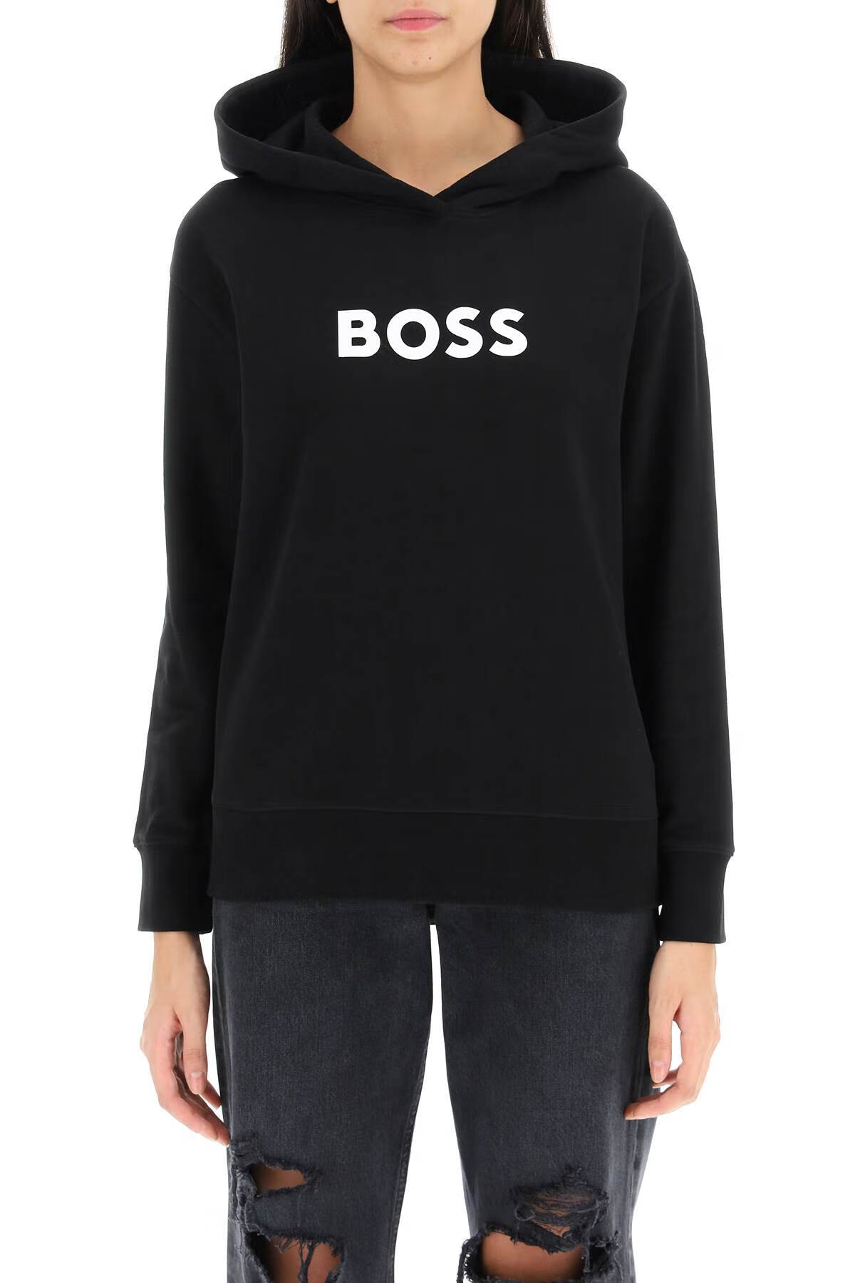 hugo boss/雨果博斯boss女士黑色棉质字母图案连帽卫衣50468367 黑色