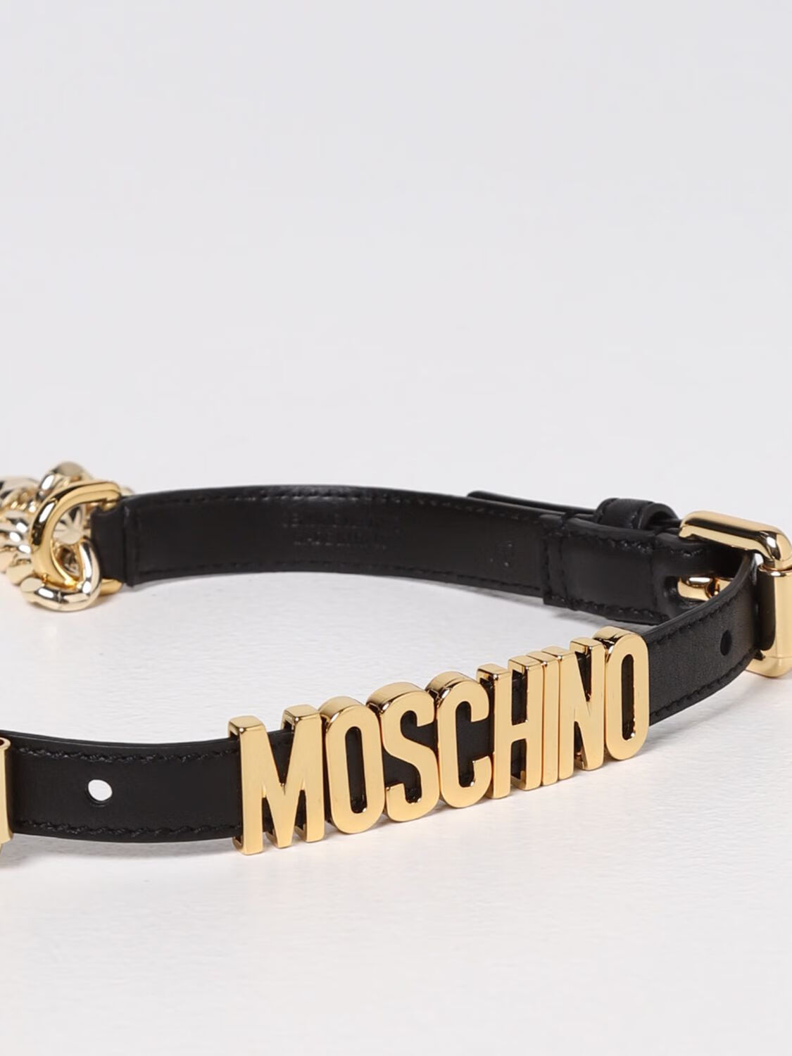 (moschino)couture新款奢侈品女士皮带黑色皮质金色链条双搭扣腰带