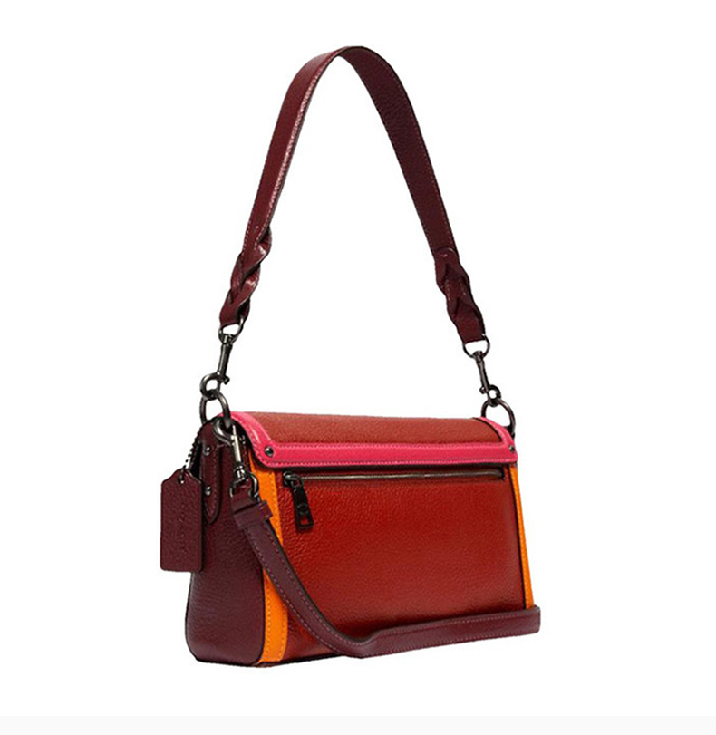 蔻驰(coach)女士拼色logo印花精致小马标识翻盖手提包单肩包 红色