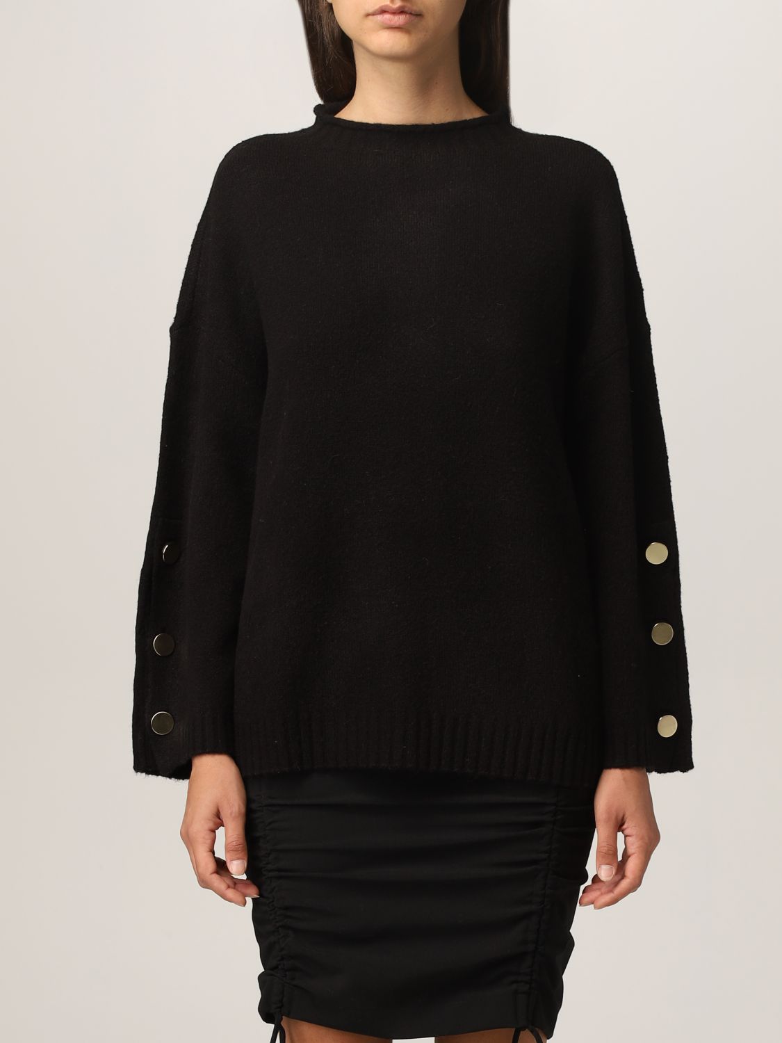 阿玛尼armaniax女装针织衫新款女式袖口纽扣落肩袖针织毛衣黑色xs