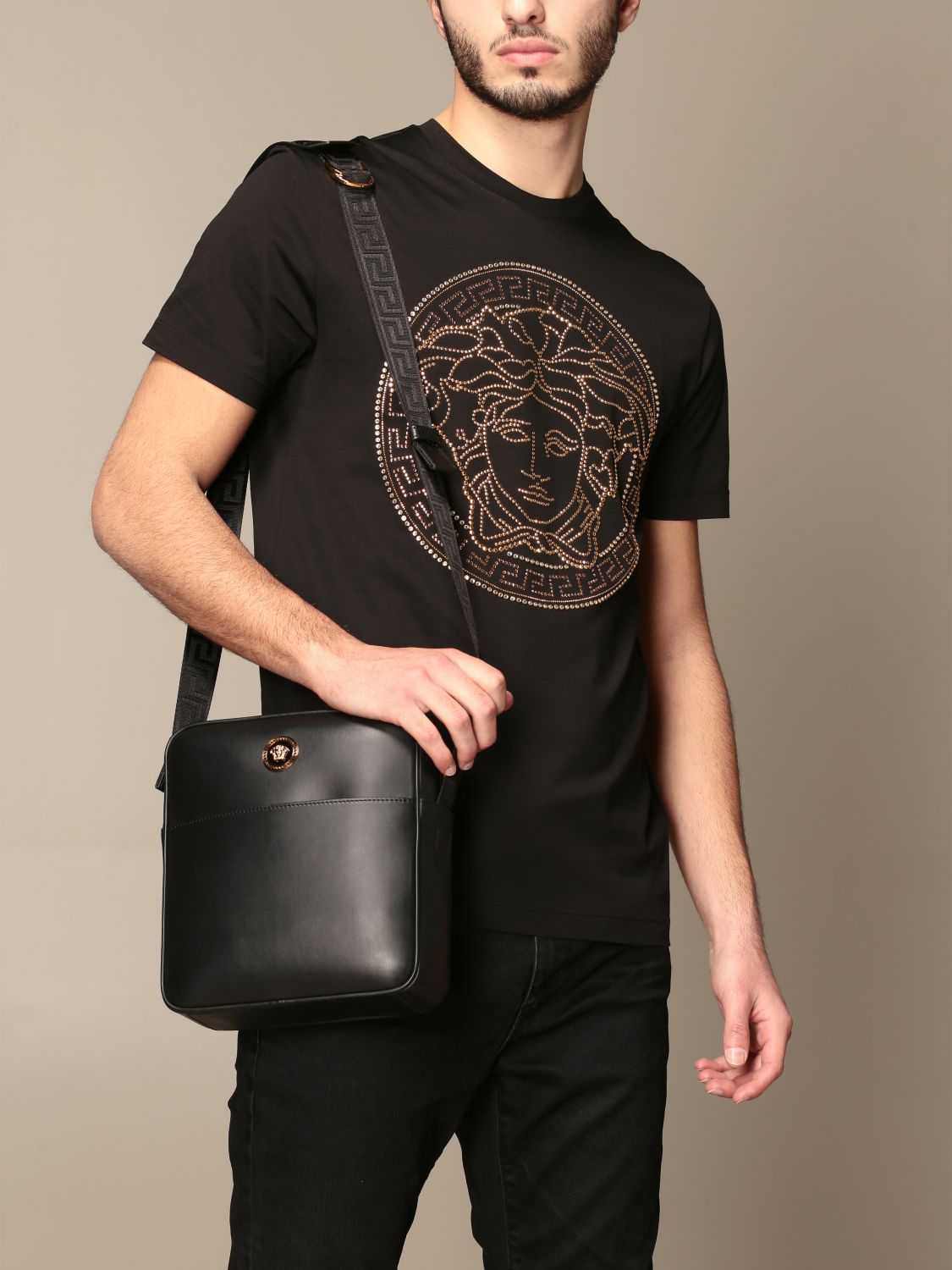 范思哲(versace)一线男包黑色小牛皮方包邮差包单肩包dl27418 dvte4