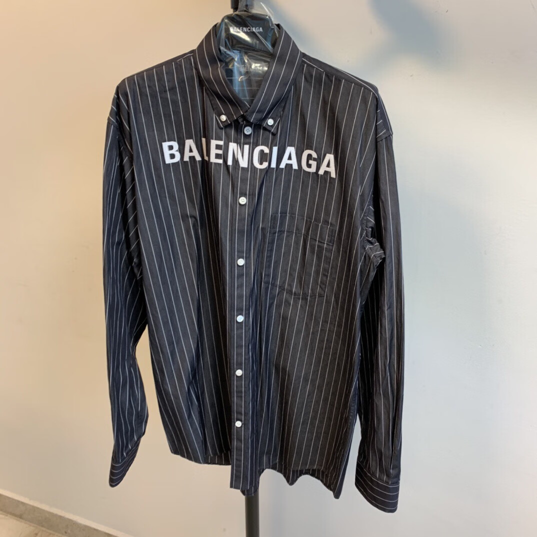 balenciaga巴黎世家奢侈品男装男士 黑色logo条纹衬衫 黑色 37【图片