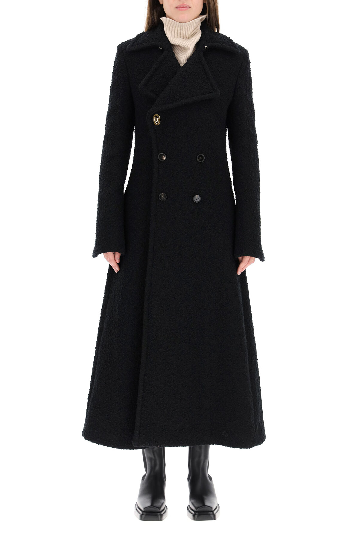 bottega veneta/bv/葆蝶家/宝缇嘉 女士黑色双排扣翻领大衣外套 黑色