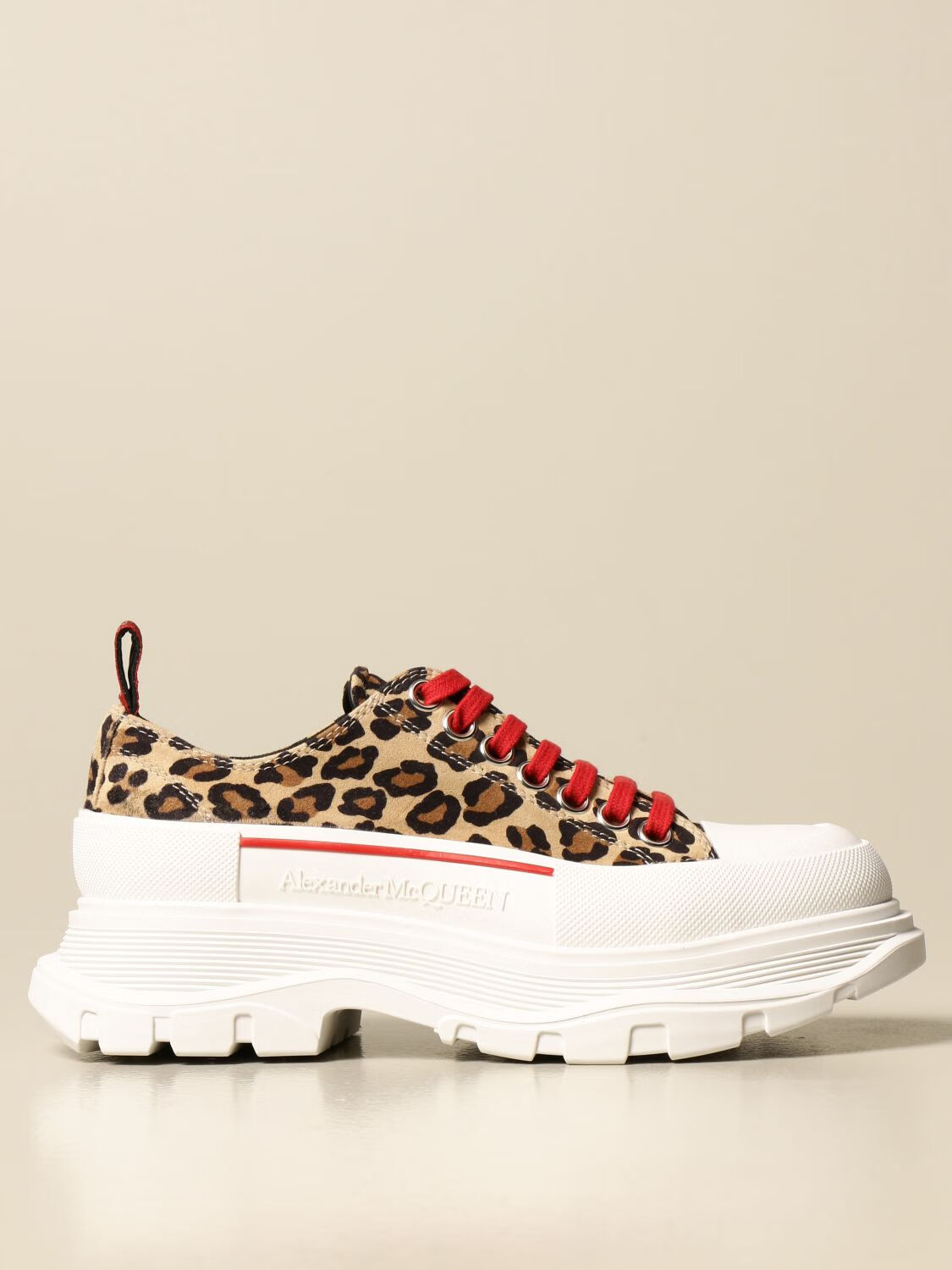 亚历山大麦昆(alexander mcqueen)一线奢侈品女鞋卡其色豹纹印花厚底