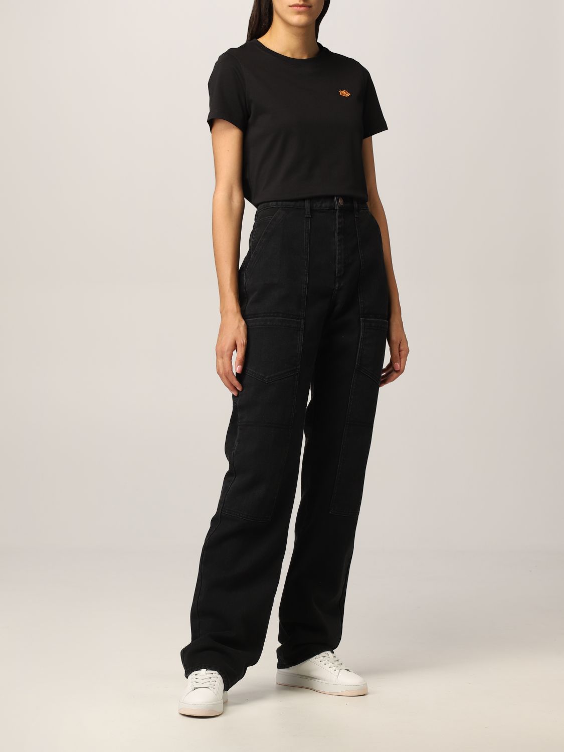 kenzo/高田贤三女士黑色棉质直筒系带虎头标志休闲运动裤长裤fb62dp