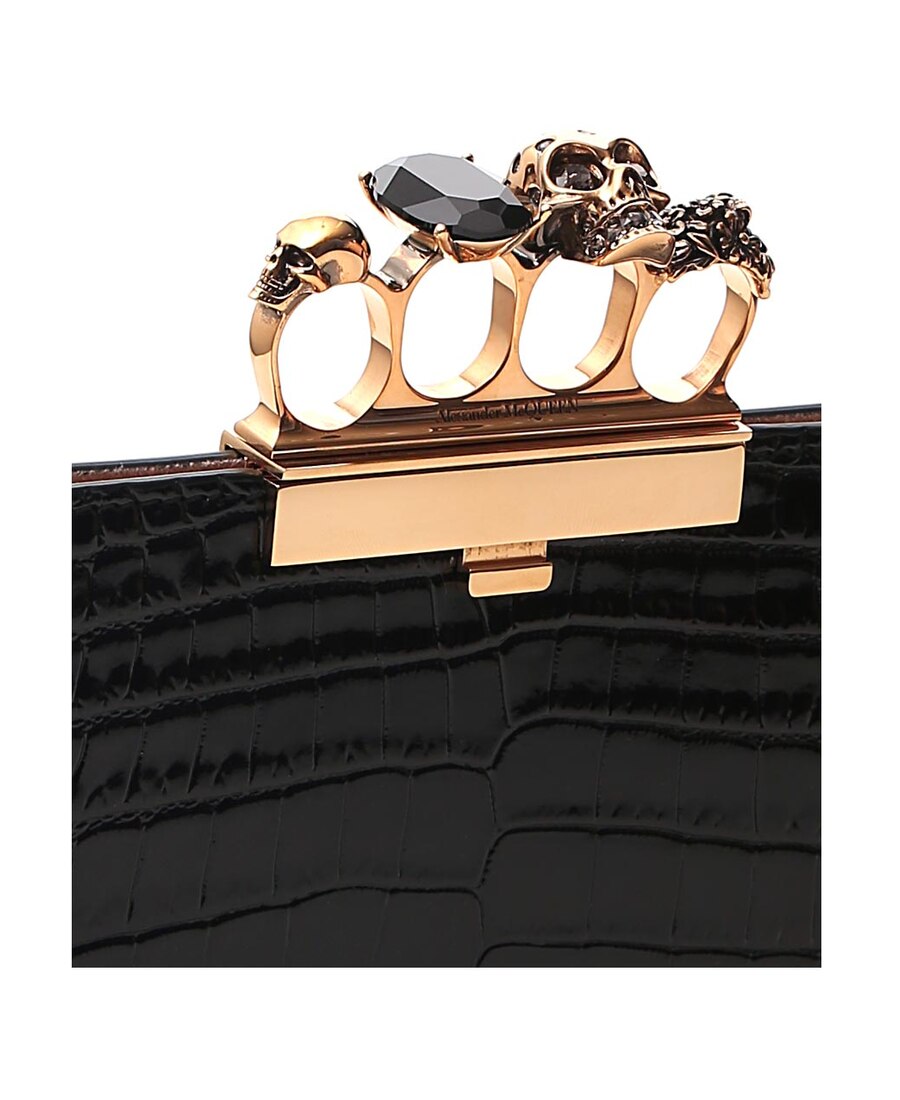 亚历山大麦昆(alexander mcqueen)新款女士黑色鳄鱼纹骷髅头手拿包