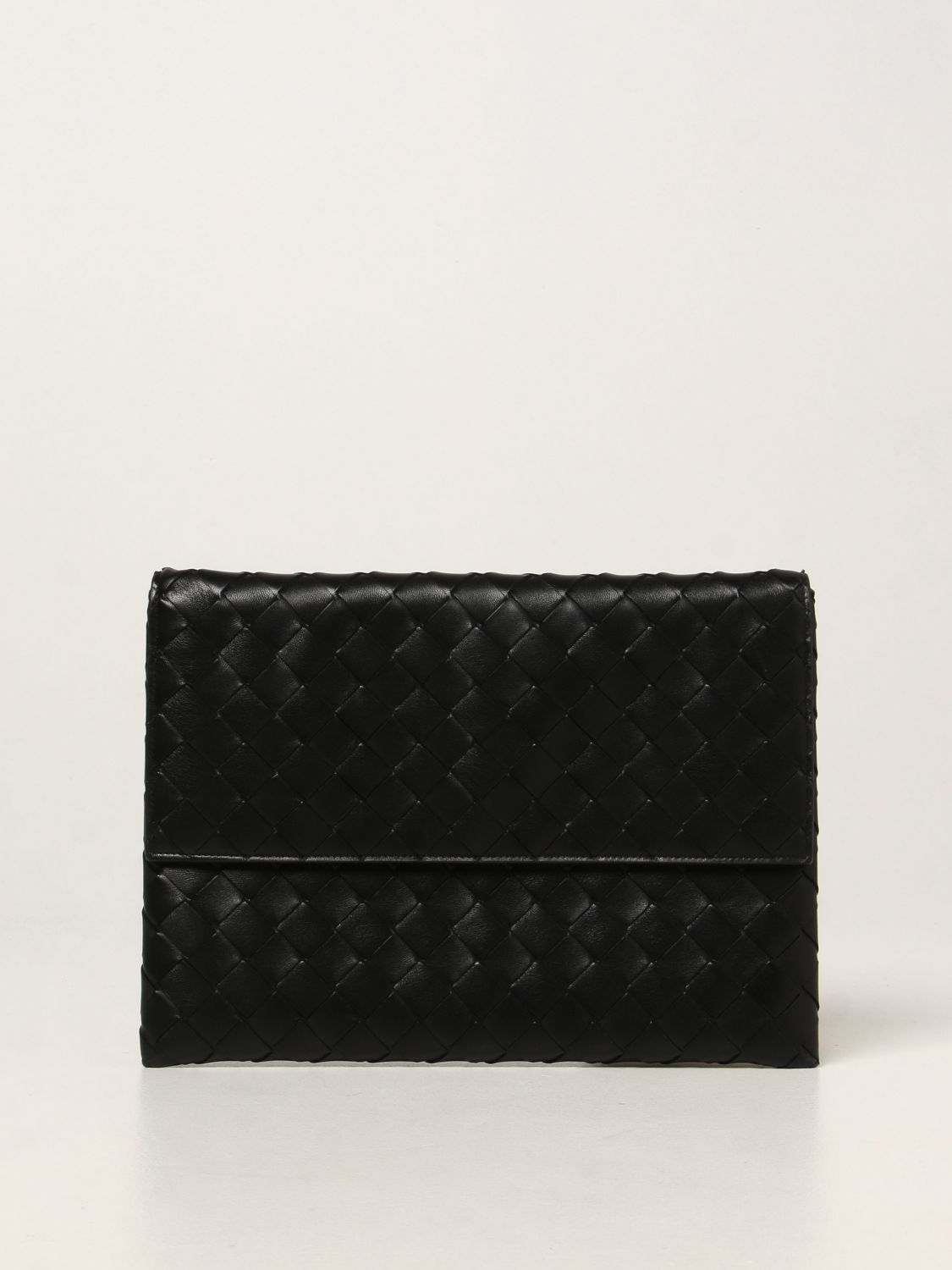 bottega veneta葆蝶家新款女士黑色皮质编织翻盖手拿包 667138 vcpp2
