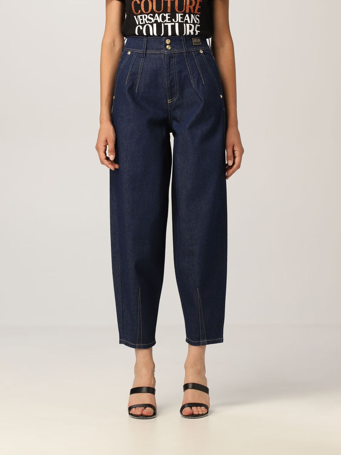 范思哲(versace)jeans couture女裤靛蓝色绗缝窄脚宽松牛仔裤 蓝色 25