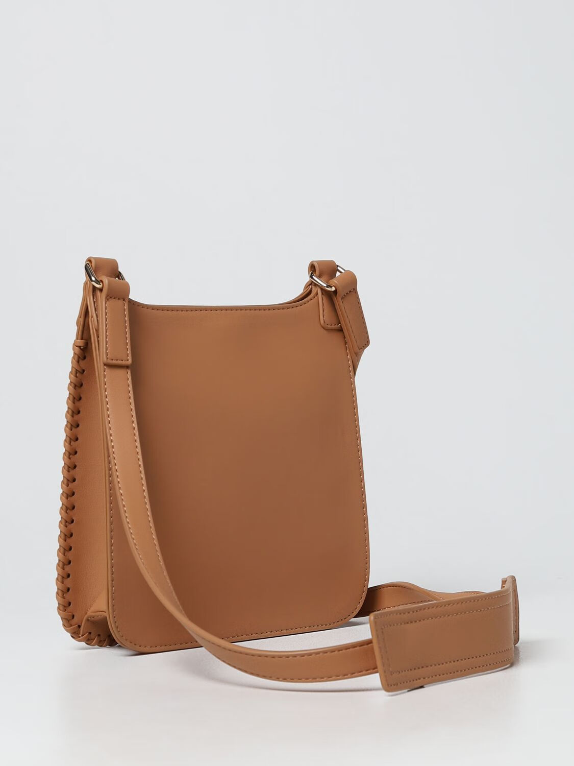 莫斯奇诺moschino女士新款卡其棕磁吸扣设计编制缝纫线桃心单肩包