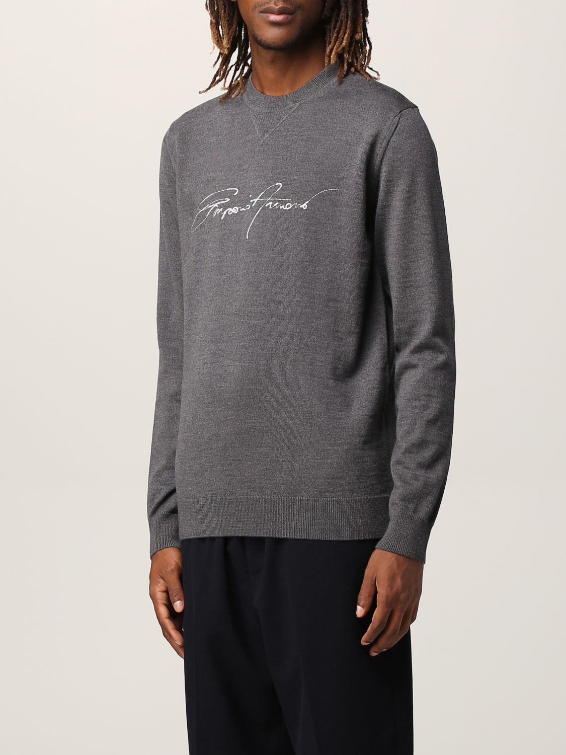 阿玛尼armaniea新款男装针织衫深灰色刺绣羊毛衫毛衣灰色l