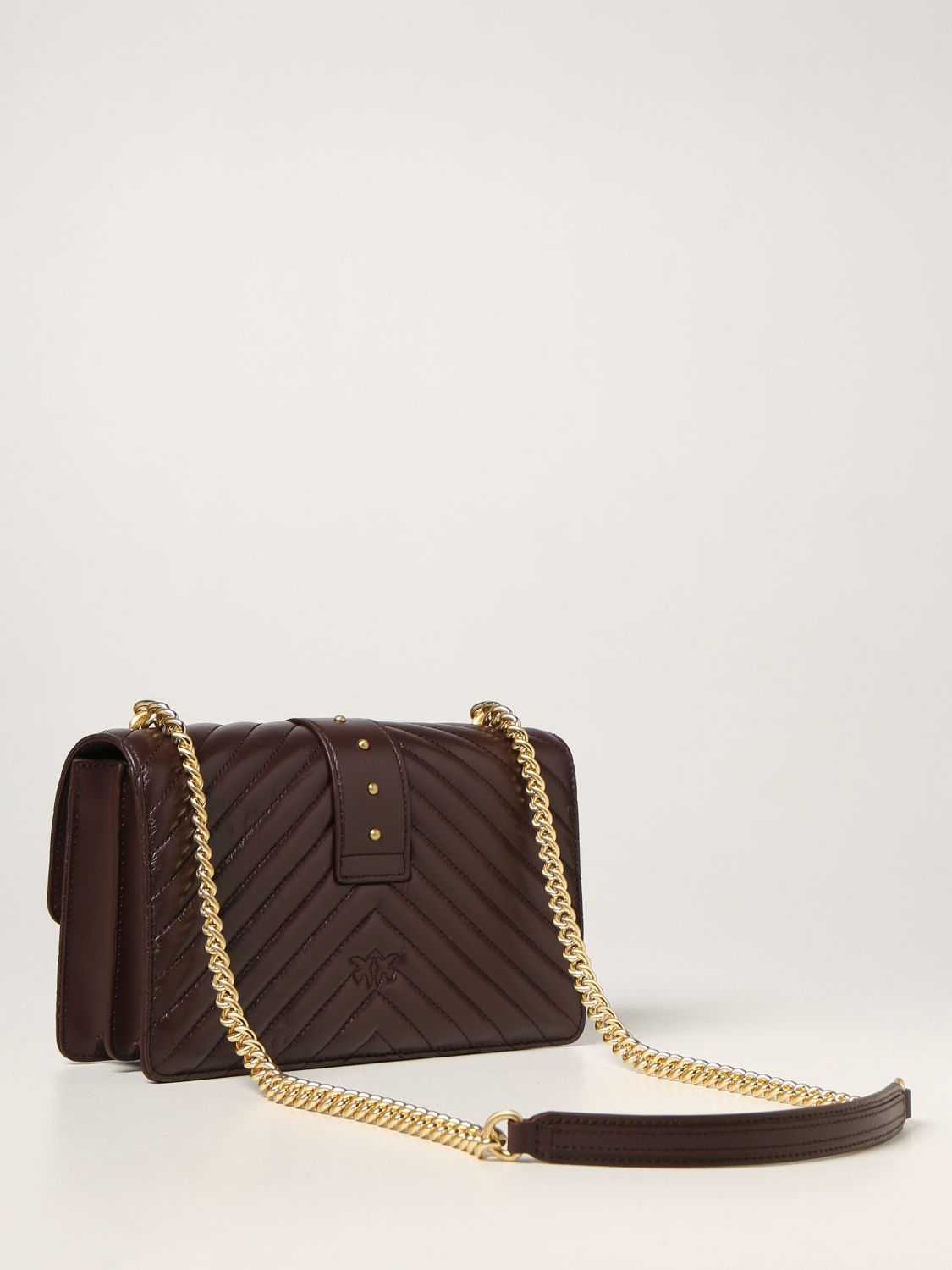 品高pinko女士新款褐红是皮质徽标铆钉点缀翻盖金属链条单肩包1p22bty