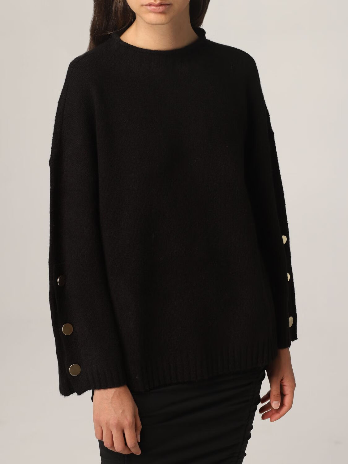 阿玛尼armaniax女装针织衫新款女式袖口纽扣落肩袖针织毛衣黑色xs