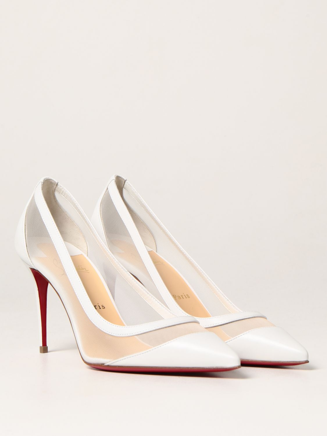 louboutin克里斯提·鲁布托/cl红底女鞋白色皮质网纱拼接高跟鞋 白色