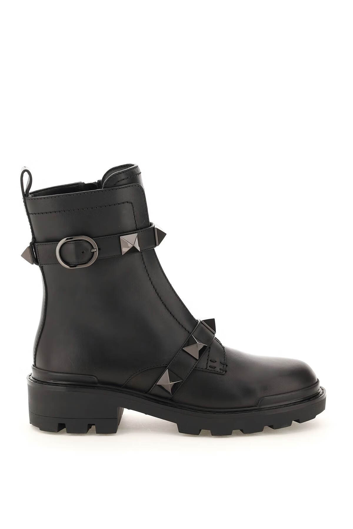valentino (华伦天奴)女士黑色皮质铆钉装饰高帮靴子ww2s0cj3fyp 黑色