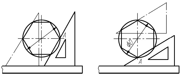 图1-32　三角板和丁字尺配合三、六等分圆周
