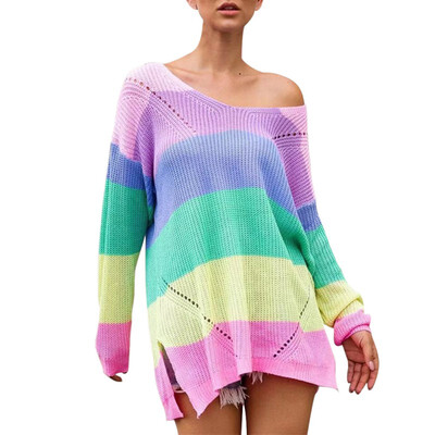 

Fashion Style Sexy V-neck Long-sleeved Sweater Casual Loose Colorful Stripe Pattern Knit Pullover