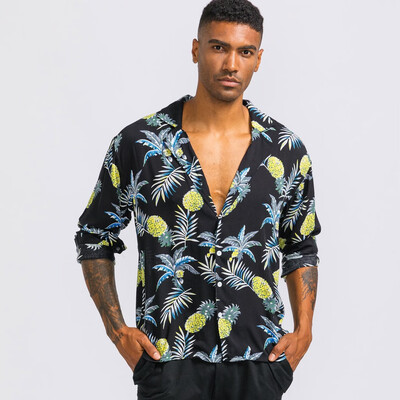 

Toponeto Mens Casual Printed Hawaiian Button Slim Fit Long Sleeve Shirt Blouse Tops