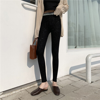 

Winter Women Tight-fitting Slim Trousers High Waist Elastic Casual Solid Color Shinny Knitted Female Autumn Winter Pencil Pants