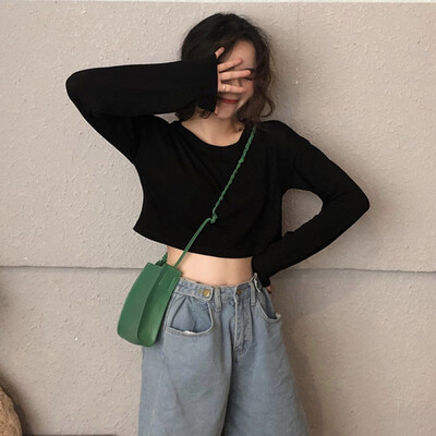 

Autumn Womens Round Neck T-Shirt Long Sleeve Tops Pure Color Loose Fit Pullover Blouse