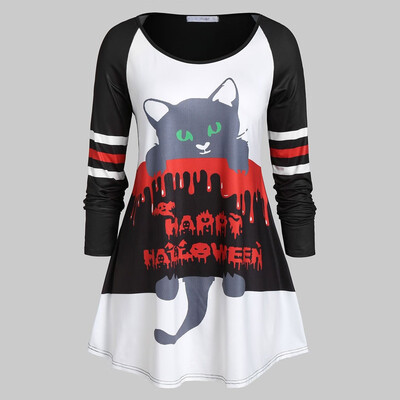 

Tailored Fashion Women Casual Loose Long Sleeve Halloween Cat Print O-Neck Tops