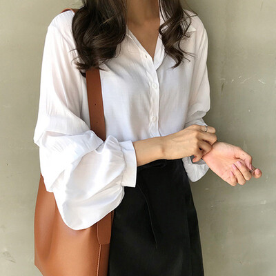 

ROPALIA Spring Summer Turn Down Collar Blouses Casual Solid Womens Puff Long Sleeve Shirt Spring Loose Blusa Tops Femme