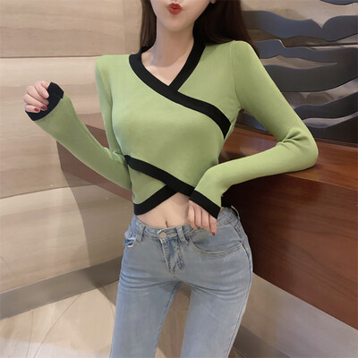 

Autumn Women V Collar Cross Fashion Korean Sweet Slim Sweater Solid Color Loose Long-sleeved Knitted Sexy Jumpers