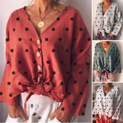 

UK Summer Womens Dot Loose Tops Blouse Ladies Long Sleeve T-Shirt Plus Size 8-18